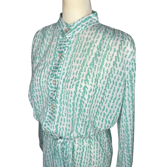 Vintage 70s Serbin Seafoam Green Abstract Print Belted Dress Long Sleeve Sz 16 - Picture 2 of 9